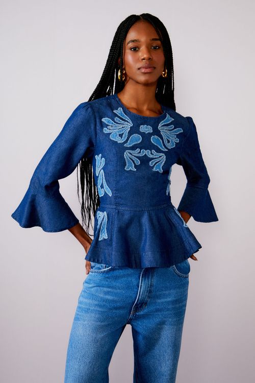 Blusa Liocel Bordado Arabesco - Jeans Escuro