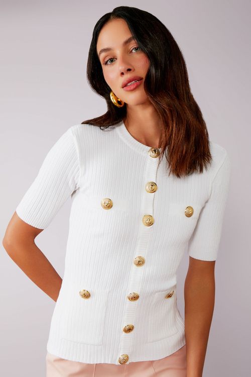 Blusa Tricot Canelada Botões Lion - Off White