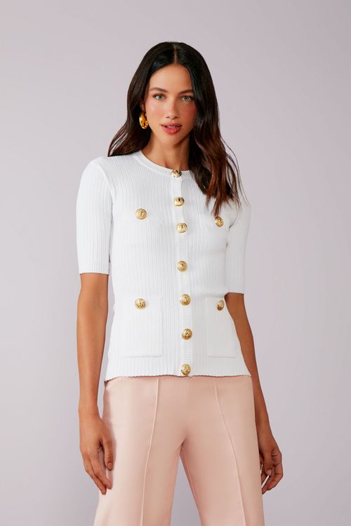 Blusa Tricot Canelada Botões Lion - Off White