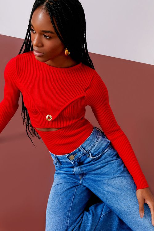 Blusa Tricot Canelado Decote Botão