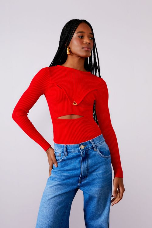 Blusa Tricot Canelado Decote Botão