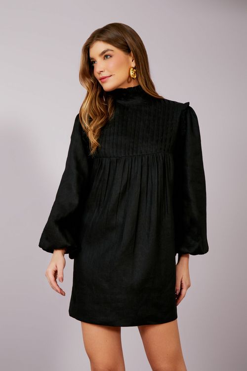 Vestido Linho Pregas - Preto