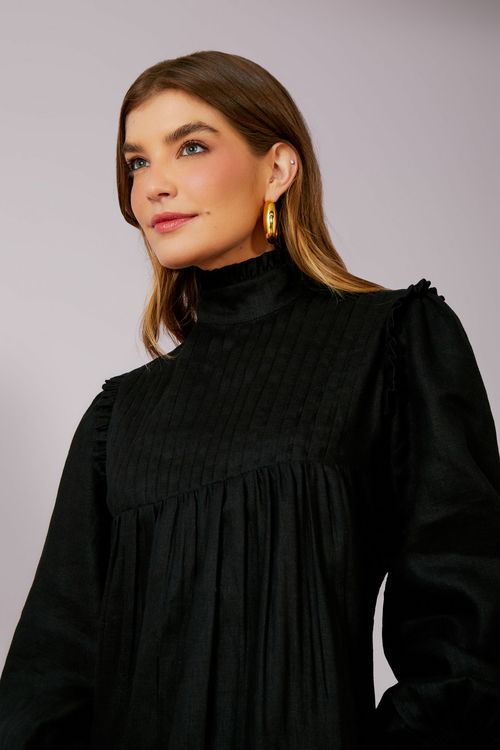 Vestido Linho Pregas - Preto