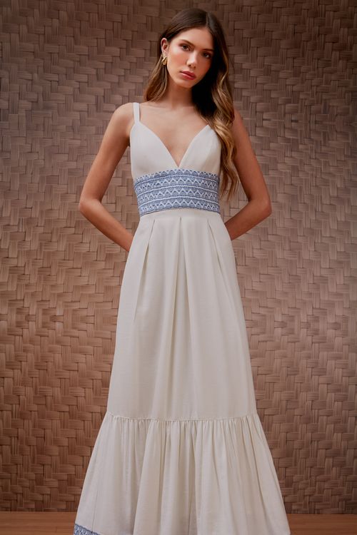 Vestido Viscose Barrado Bordado