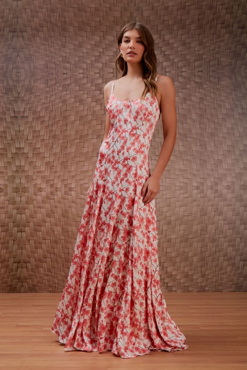 Vestido Pespontos Estampa Cerejeira