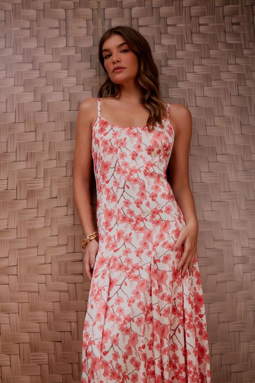 Vestido Pespontos Estampa Cerejeira