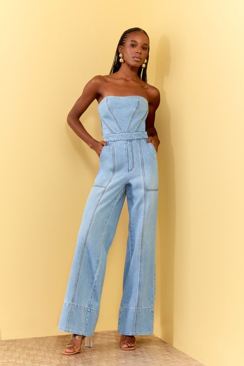 MACACÃO JEANS RECORTES PESPONTOS